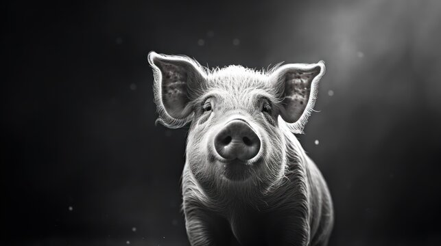  a black and white photo of a pig looking at the camera with a sad look on it's face.