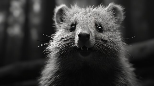  a black and white photo of a raccoon looking at the camera with it's mouth wide open.