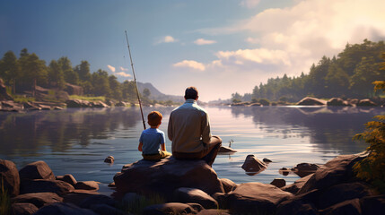 father and son sitting on stones near a natural lake and spending time together. ai generative - obrazy, fototapety, plakaty