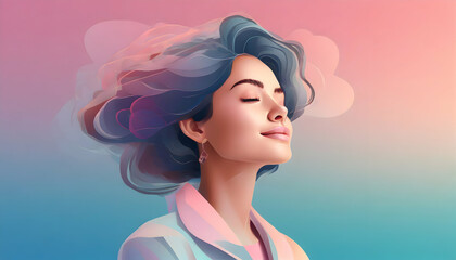 Woman smiling portrait. Gradient background featuring a calming shift from rose quartz to sky blue, this soothing gradient is creating a visually appealing online presence for a wellness.