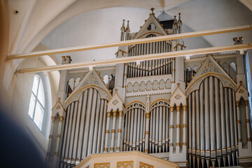 Huge pipe organ in a cathedral.