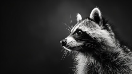 Obraz premium a close up of a raccoon's face in a black and white photo with a black background.