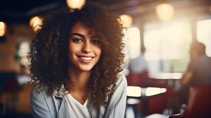 Beautiful happy young girl with curly brunette hair wearing casual light blue shirt, sitting at a wooden vintage coffe shop table alone, looking at the camera and smiling. Bokeh background - obrazy, fototapety, plakaty