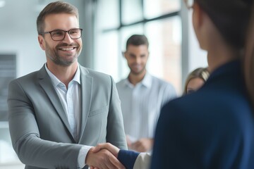 Happy business man manager handshaking at office meeting. smiling male hr hiring recruit at job interview. generative AI