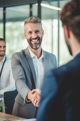 Happy business man manager handshaking at office meeting. smiling male hr hiring recruit at job interview. generative AI - obrazy, fototapety, plakaty