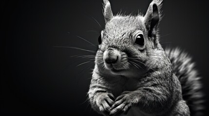  a black and white photo of a squirrel with its front paws on its hind legs, looking at the camera.