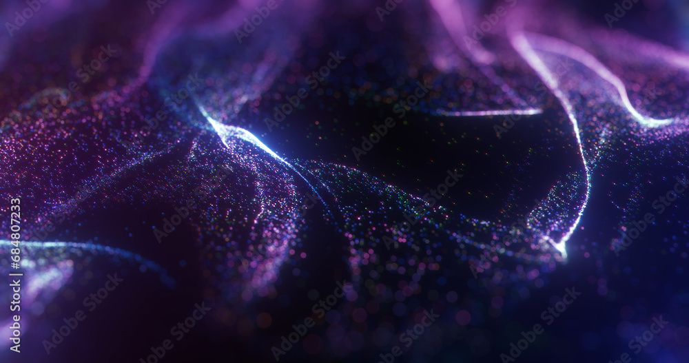 Poster glittering purple particles with a shining light and abstract background. flickering particles and a