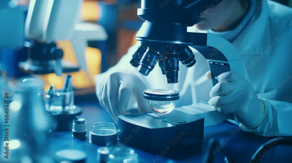 Poster laboratory assistant conducts microscopic bacteriological examination with reagents under a microsco