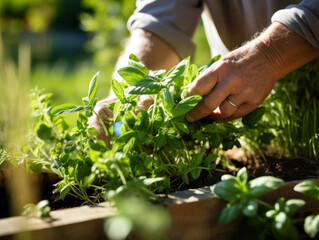 Close-up of a hand nurturing young herb plants in sunlight.