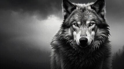  a black and white photo of a wolf looking at the camera with a dark sky in the background and dark clouds in the background. - obrazy, fototapety, plakaty