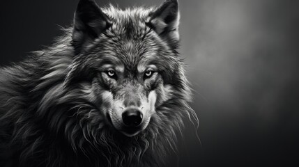  a black and white photo of a wolf looking at the camera with an intense look on it's face.