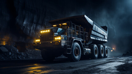 Large mining dump truck in a coal mine. Loading coal into a body truck. Mining equipment. ai generative