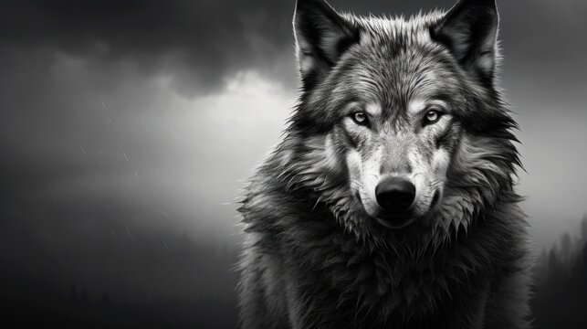  a black and white photo of a wolf looking at the camera with a dark sky in the background and dark clouds in the background.