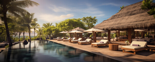 relaxing in the pool on a tropical island with sun loungers, luxury hotel. ai generative