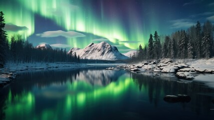 the aurora bore is reflected in the still water of a lake surrounded by snow covered evergreens and evergreen trees.