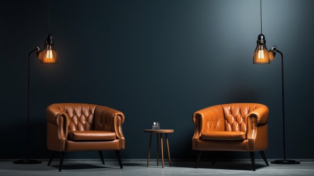 Two chairs and spotlights in podcast or interview room on dark background