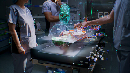 Diverse medical professionals work in operating room using holographic display. 3D rendering of...