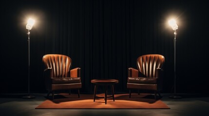 Two chairs and spotlights in podcast or interview room on dark background - obrazy, fototapety, plakaty