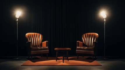 Fotobehang Two chairs and spotlights in podcast or interview room on dark background © David