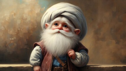 Sufi Dwarf in 16th Century Fantasy - Cute, White-Bearded, Period Clothing, Oil Painting Portrait