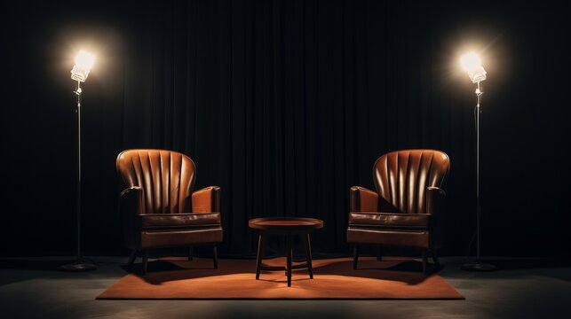 Two chairs and spotlights in podcast or interview room on dark background