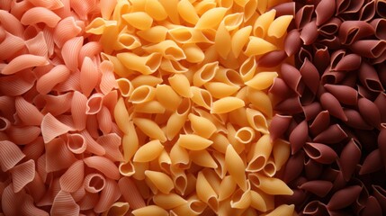  a close up of a bunch of different colored pasta noodles on a white, red, yellow, and pink background.