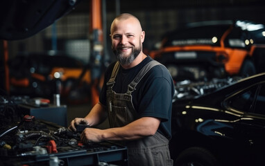 Fototapeta na wymiar Skilled auto mechanic at his own workshop