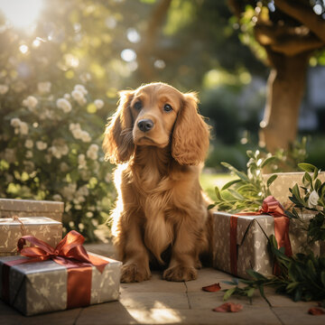 English Cocker Spaniel puppy in the garden among gifts