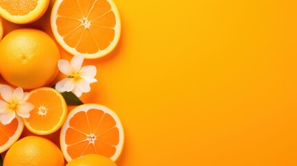  a group of oranges cut in half and placed on a yellow background with a flower on top of them.