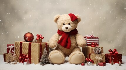  a teddy bear with a red scarf sitting in front of a pile of presents in the snow next to a christmas tree.