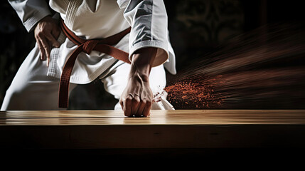Obraz premium Karate black belt's precise board break