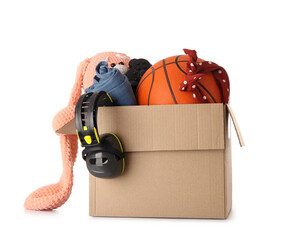 Box of unwanted stuff for yard sale isolated on white background