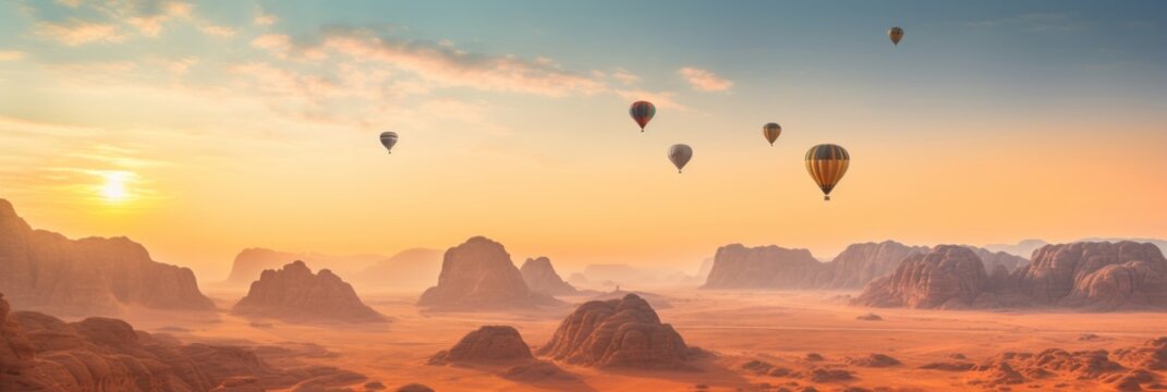 Mountains of Al Ula desert Saudi Arabia touristic destination, ballons at the golden sunset