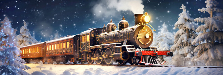 Panorama of an old christmas steam locomotive driving at night through a dreamlike snowy landscape at christmas time - obrazy, fototapety, plakaty