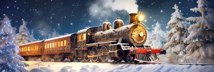 Fototapeten Panorama of an old christmas steam locomotive driving at night through a dreamlike snowy landscape at christmas time © EKH-Pictures