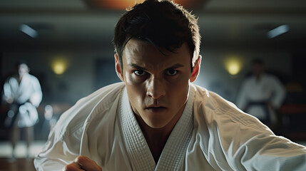 Karateka delivering lightning-fast punch precise technique bright dojo focused intensity speed and precision