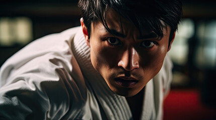 Karateka's concentration in grappling technique calculated movements vivid dojo intense expression technical proficiency