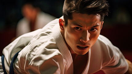 Karateka's concentration in grappling technique calculated movements vivid dojo intense expression technical proficiency