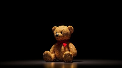  a brown teddy bear with a red bow tie sitting on a black background with a reflection of the teddy bear.