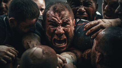 Rugby scrum powerful force determined expressions natural pitch colors controlled intensity physicality of rugby
