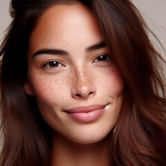 a close-up of a model with full lips and freckles on her face, dark eyes, smiling
