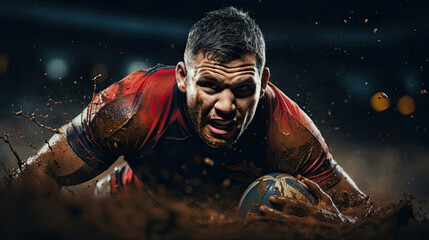 Rugby player evading tackles agility and speed break towards try line vivid pitch colors determined...