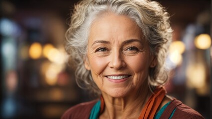 Portrait of a good-looking old woman with curly grey hair and a friendly smile, background blurred