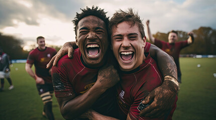 Rugby player celebrating try elation and camaraderie vibrant jersey colors expressions of joy teamwork in rugby