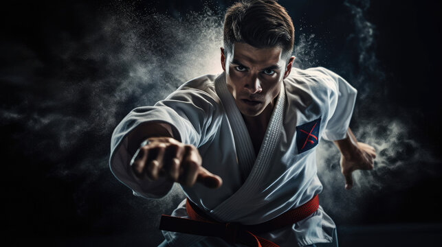 Karateka's rapid knife-hand strikes impeccable technique vibrant dojo colors intense focus technical proficiency