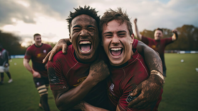 Rugby player celebrating try elation and camaraderie vibrant jersey colors expressions of joy teamwork in rugby