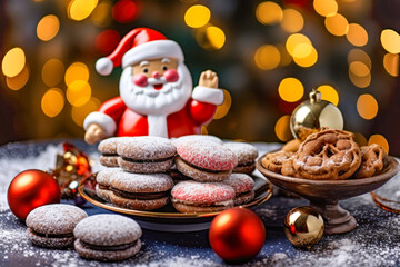 Fototapeta premium Christmas cookies on festive christmas background. Homemade food design decoration template