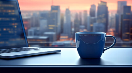 Close up photography of a blue mug placed on a shiny gray table next to a laptop in an empty and...
