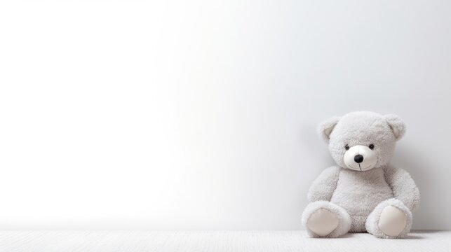  a white teddy bear sitting in front of a white wall with a blank space in the middle of the picture.
