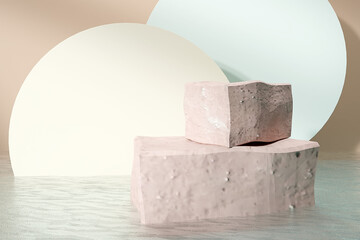 3d render concrete podium product display on water background
